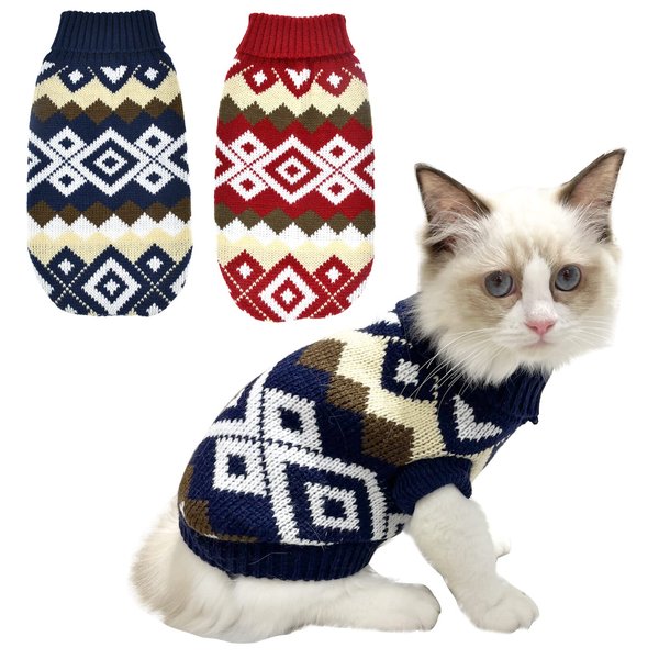 Vehomy 2Pcs Pet Puppy Christmas Sweaters Cat Diamond Plaid Pattern Sweater Kitten Knitwear Dog Xmas Clothes Navy Blue and Christmas Red Sweaters with Plaid Pattern for Kitten Cat Puppy Dog S