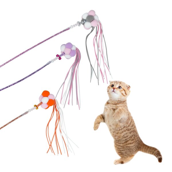 PawsSynergy Colorful Cat Toy Wand with Cute Appearance, Acrylic Rod Body, Beaded Bells, Pompoms, and Tassels, Refills for Indoor Cats to Chase and Exercise(3 Colors)