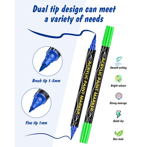 36 Colors Acrylic Paint Markers, Dual Tip Acrylic Paint Pens with Premium Fine Tip and Brush Tip for Stone, Wood, Paper, Canvas, Fabric, Glass, Rock Painting, Ceramic Surfaces, DIY Art Supplies