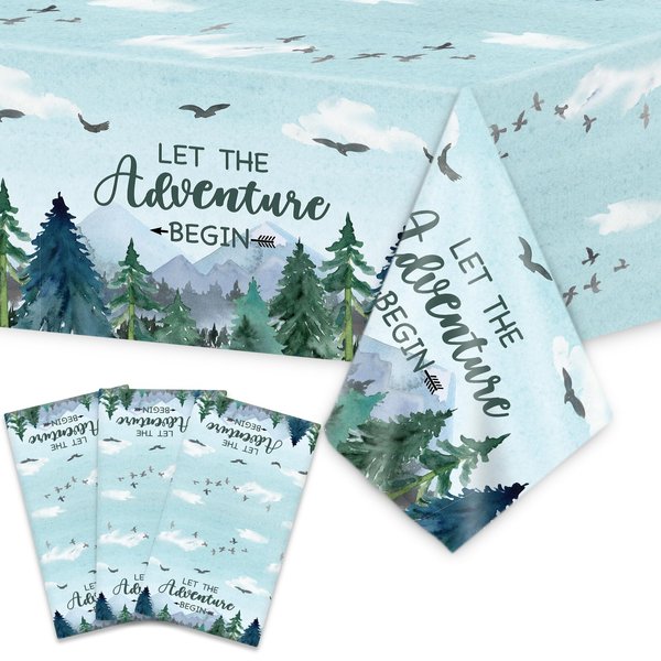 3 Pieces Adventure Awaits Tablecloths Let The Adventure Begin Tablecover Tree Mountains Woodland Table Covers Plastic Disposable Rectangle Tablecloth for Baby Shower Birthday Party Decor Supplies