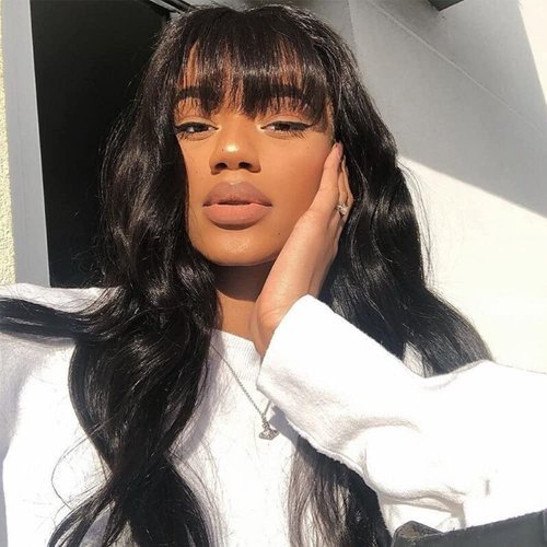 Amella Hair Body Wave Wigs With Bangs Virgin Brazilian None Lace Front Wigs Human Hair Wigs 150% Density Glueless Machine Made Wigs For Women (12 inch)
