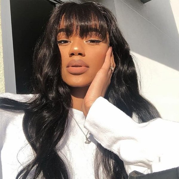 Amella Hair Body Wave Wigs With Bangs Virgin Brazilian None Lace Front Wigs Human Hair Wigs 150% Density Glueless Machine Made Wigs For Women (12 inch)