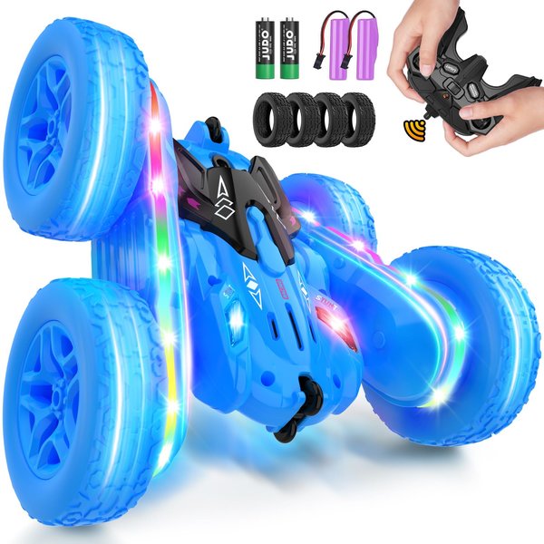 Jimdella Remote Control Car,RC Cars with Sides Light Strip and Headlights,Double Sided 360 Flips Rotating RC Stunt Car,2.4Ghz All Terrain Toys for Ages 4-6 Kids Toy for Boys Girls Birthday Gift(Blue)