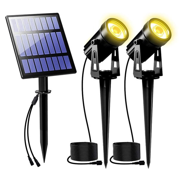 T-SUNUS 2W Solar Landscape Spotlights Warm White, Solar Spot Lights Outdoor 9.8ft Cable IP65 Waterproof Solar Security Lamps, Double Head Downlight for Flag Tree Garage Deck Garden Yard Wall Backyard