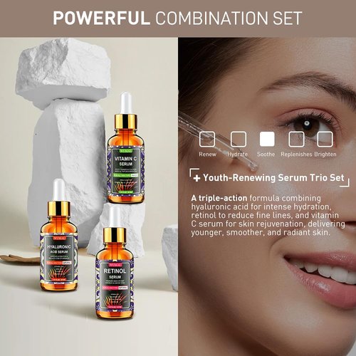 Wumal 3 Pack Face Serum Set - Vitamin C Serum, Retinol Serum & Hyaluronic Acid Serum - Firming, Brightening & Hydrating - Reset Your Skin Day and Night