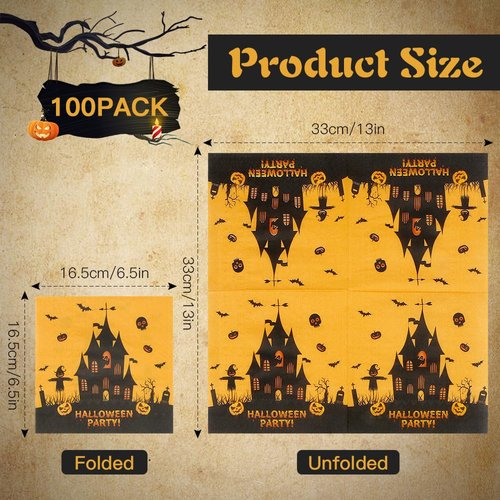 Halloween Napkins Disposable, 100 Pack Halloween Paper Napkins, Halloween Cocktail Napkins, Orange Decorative Dinner Hand Napkins for Halloween Party Supplies Home Birthday Holiday Table Decorations