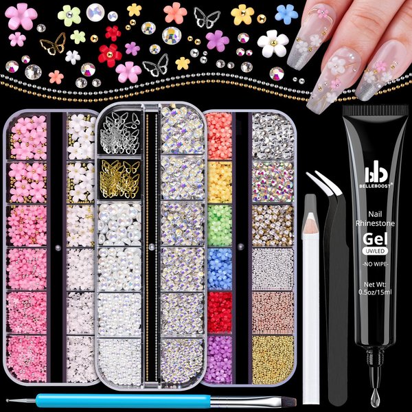 3D Nail Charms, Manicure Kit with Nail Rhinestone Glue Gel (UV Curing), Butterfly Colorful Flower Starry AB Gems Caviar Beads Half Round Pearl & Flatback Glass AB + Clear Crystal with Dotting Tools