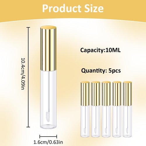 Molain 5PCS Empty Lip Gloss Tubes, 10ml Refillable Cosmetic Containers Bottles Lip Balm Bottles with Wand Concealer for Lipstick Samples, Lip Balms(Gold tube cap)