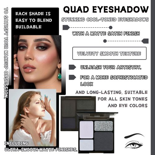 Black Smokey Eyeshadow Palette, 4 Colors Matte Glitter Eyeshadow Makeup Palette with Brushes,Waterproof Long Lasting Pigmented Gray Silver Eye Shadow Palette,Goth Halloween Daily Makeup Pallet