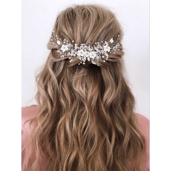 GORAIS Flower Bride Wedding Hair Vine Silver Rhinestone Bridal Headpiece Pearl Hair Piece Crystal Hair Accessories for Women and Girls