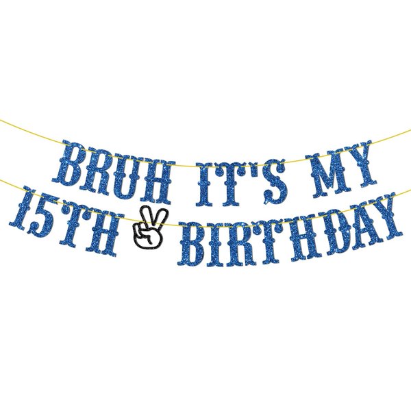 Embhhor Bruh It's My 15th Birthday Banner, Bro Dude I'm 15, Level 15 Unlocked Hanging Sign, Glittery Kid Boys Happy 15th Birthday Party Decorations