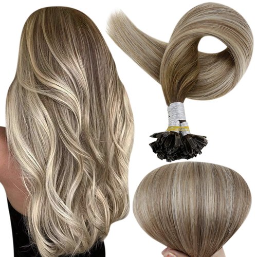 Full Shine Utip Hair Extensions Human Hair 14 Inch Balayage Color 3 Fading to 8 and 22 Light Blonde Pre Bonded Hair Extensions 0.8g Per Strand 50 Strands U Tip Extensions