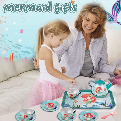 Lajeje Mermaid Tea Party Set for Little Girls, Kids Party Set Toys for 3 4 5 6 Year Old Girls, Pretend Toy Tin Tea Set & Carrying Case, Princess Tea Time Kitchen Play Toys, Birthday Gifts for Girls