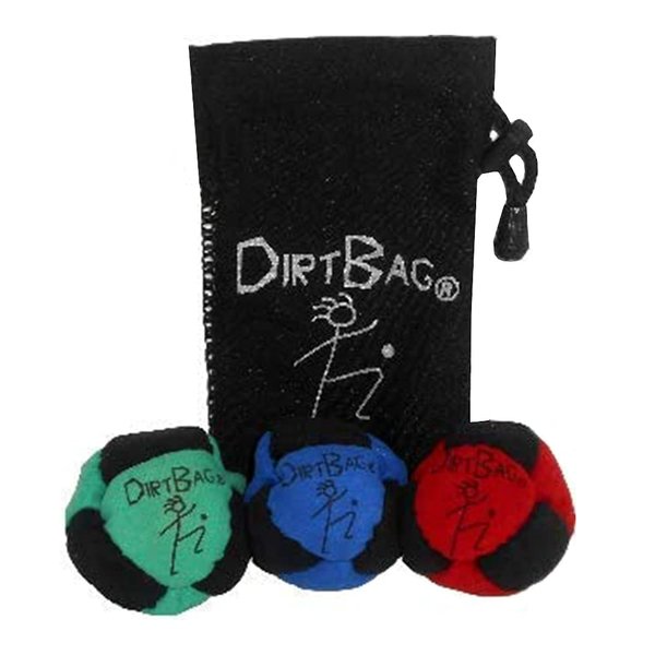DIRTBAG Classic Footbag Hacky Sack 3 Pack with Pouch, Unique, Footbag Set with Signature Carry Bag - Red/Green/Blue with Black Pouch.