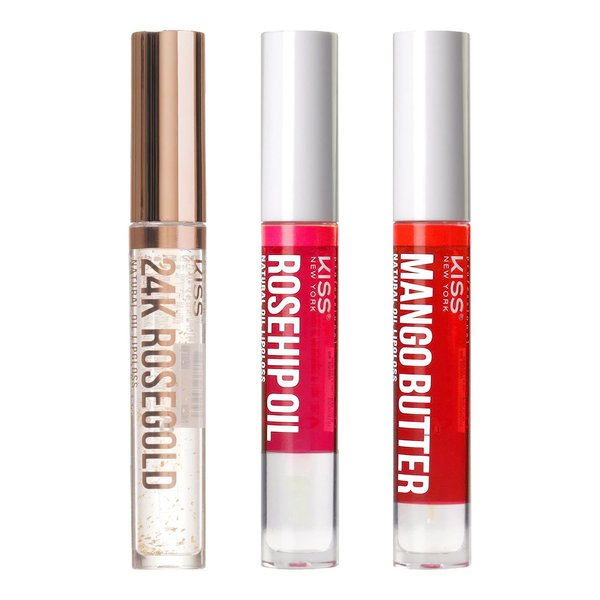 Kiss New York 3 PACK Lip Oil Gloss, Hydrating Non-Sticky Lip Oil, 100% Natural Oil Clear Lip Gloss, Lightweight Lip Moisturizer (Rosegold & Rosehip & Mango Butter)