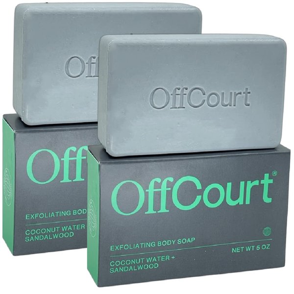 OffCourt Exfoliating Body Soap – Deep Cleansing & Exfoliating Soap for Men & Women. Non-Drying Bar - Medium Strength Scent of Coconut Water + Sandalwood. For All Skin Types (5oz, 2 Pack)