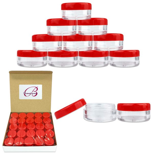 (Quantity: 50 Pieces) Beauticom 5G/5ML Round Clear Jars with RED Lids for Scrubs, Oils, Toner, Salves, Creams, Lotions, Makeup Samples, Lip Balms