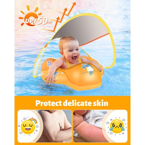 LAYCOL Baby Swimming Float Inflatable Baby Pool Float Ring Newest with Sun Protection Canopy,add Tail no flip Over for Age of 3-36 Months (Orange, L)