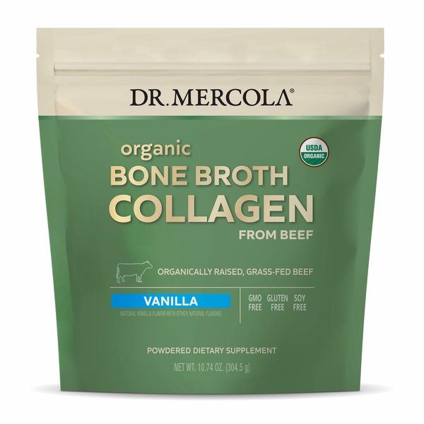 Dr. Mercola Organic Bone Broth Collagen Powder - Supports Bone Health & Muscle Growth - USDA Organic, Non-GMO, Gluten-Free & Dairy-Free - 30 Servings - Vanilla Flavor