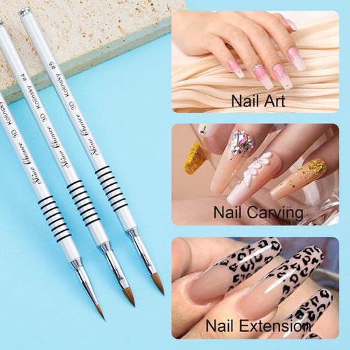 Shine Chance 3Pcs Acrylic Nail Brushes Set Size 2 4 5, Kolinsky Hair Acrylic Nail Art Brush, Art Design & Polish Mistake Cleaning Manicure Tools for Women Acrylic Application, Silver