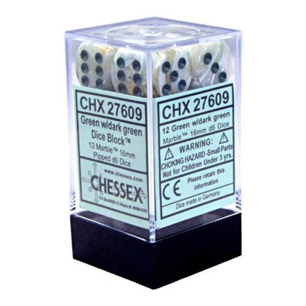 Chessex DND Dice Set D&D Dice-16mm Marble Green and Dark Green Plastic Polyhedral Dice Set-Dungeons and Dragons Dice Includes 12 Dice – D6, (CHX27609)