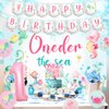 Oneder the Sea 1st Birthday Girl Decorations, Under the Sea Ocean Animal Birthday Party Supplies, Oneder the Sea Backdrop Happy Birthday Banner High Chair Banner Cupcake Cake Topper Printed Balloons