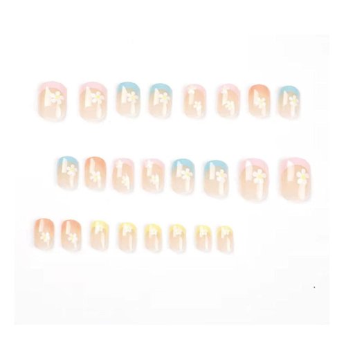 Hkanlre Square French Press on Nails Short Cute Fake Nails Acrylic Flower False Nails for Women and Girls 24PCS