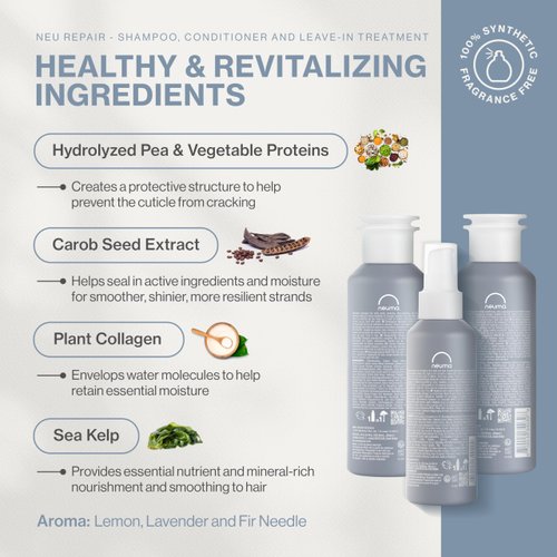 Neuma Neu Repair Bundle, Repair Shampoo (8.5 Fl. Oz.), Repairing Conditioner (8.5 Fl. Oz.), and Leave-In Treatment (5.1 Fl. Oz.), Nourishes, Strengthens, Moisturizes, Lavender & Fir Needle Scent