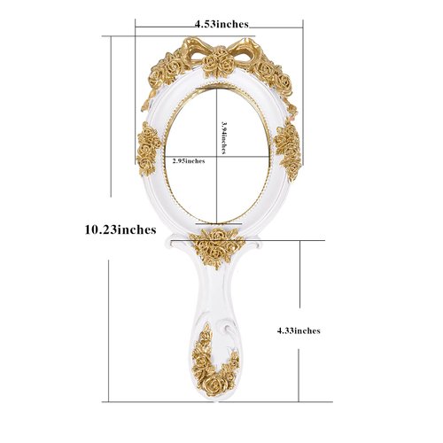 Nerien Handheld Mirror Vanity Makeup Mirror Travel Princess Metal Cosmetic Mirror Portable Oval Embossed Rose Mirrors Decorative Desk Girl Student Vintage Beautiful Handle Mirrors White-4