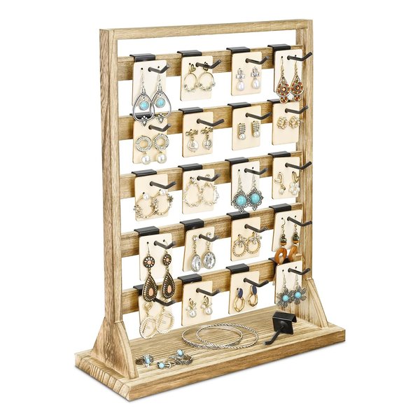 Ikee Design Free Assemble Wooden Jewelry Display Rack with 20 Removable Metal Hooks, Earring Card Display Holder Stand for Earring Cards, Necklaces, Keychains, Keychain Display Stand, Oak Color