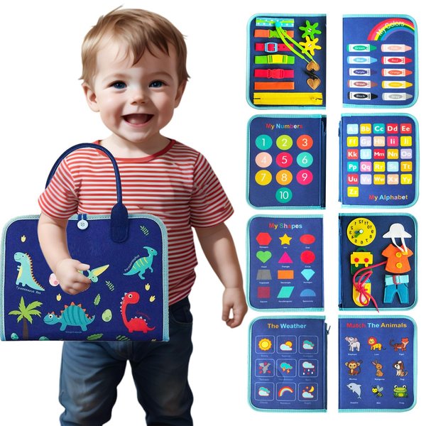 Focushine Busy Board Book for Toddlers, Montessori Toys Busy Board Educational Sensory Learning Toys for Airplane Car Travel, Autism Sensory Toys Gifts for Boys Girls (Blue Dinosaur)