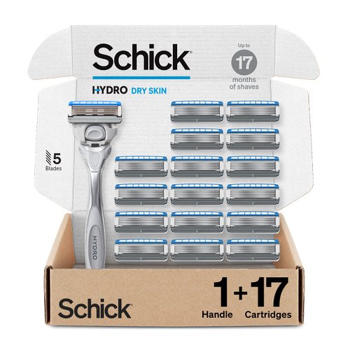 Schick Hydro Dry Skin Razor, 1 Razor Handle and 17 Cartridges | Razors for Men, 5 Blade Razor Men, Mens Razors for Shaving, Razor Blades for Men, 1 Handle with 17 Razor Blades Refills
