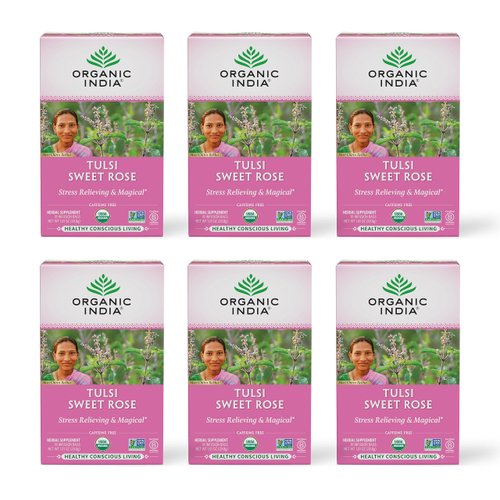 Organic India Tulsi Sweet Rose Herbal Tea - Holy Basil Leaf, African Basil, Chamomilie, Lemon Myrtle, Stress Relieving, Immune Support, USDA Certified Organic, Caffeine-Free - 18 Infusion Bags, 6 Pack