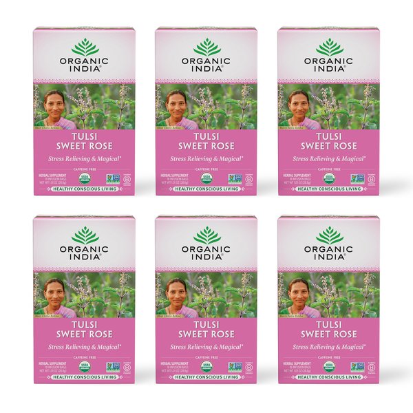 Organic India Tulsi Sweet Rose Herbal Tea - Holy Basil Leaf, African Basil, Chamomilie, Lemon Myrtle, Stress Relieving, Immune Support, USDA Certified Organic, Caffeine-Free - 18 Infusion Bags, 6 Pack