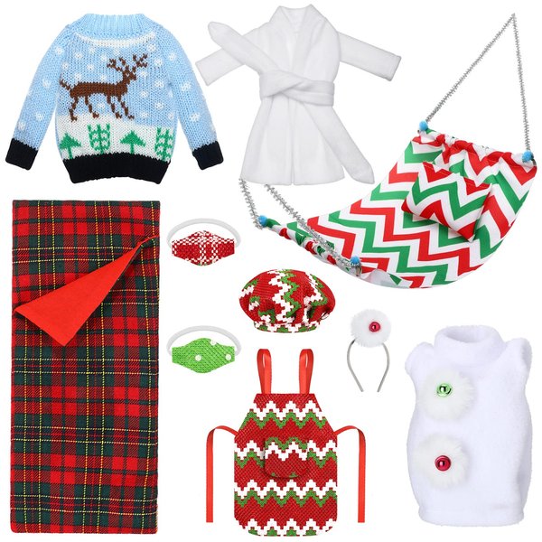 Aoriher 10 Pcs Christmas Elf Doll Accessories Set Includes Elf Doll Clothes Kit Doll Sleeping Bag Bathrobe Apron Chef Hat Hammock Elf Doll Mask for Xmas Elf Doll Costume Outfits(Deer)