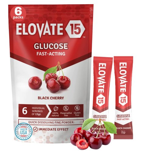 Elovate 15 Slimpaks Glucose Powder - Fast Acting Glucose Powder Packets - Alternative to Gels & Tablets- FSA/HSA Eligible - Natural Flavor Dextrose Powder Stick (Black Cherry, Pack of 6)