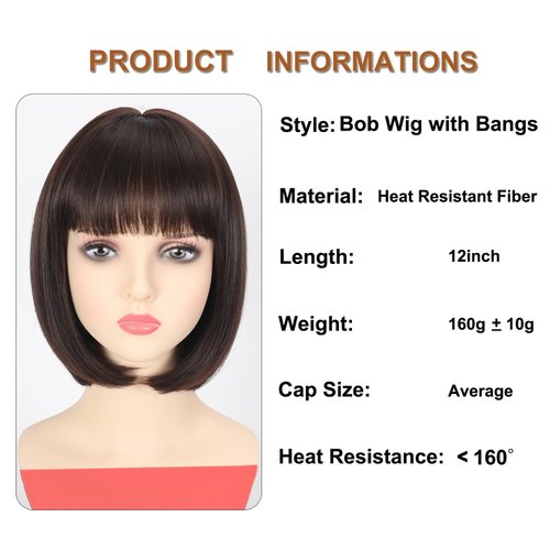 AliRobam Bob Wig with Bangs Natural Short Straight Wigs for Women Shoulder Length Heat Resistant Synthetic Fiber Wigs for Daily Party Halloween Cosplay (Dark Brown)