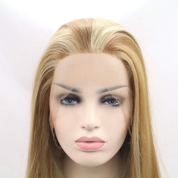 Sylvia 24" Natural Blonde Omber Brown Highlight Silky Straight Synthetic Lace Front Wigs Middle Parting 180% Density Heat Resistant Fiber Hair For Women (Brown)