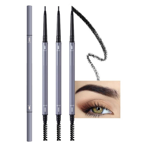 3Pcs Waterproof Eyebrow Pencil, Professional Makeup Micro Brow Pencil, Double-ended ultra-fine eyebrow pencil, Ultra-Fine Mechanical Pencil (02#black)