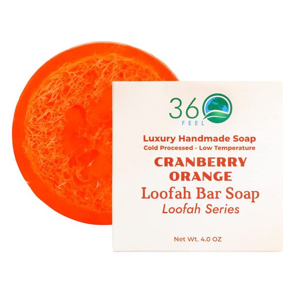 360Feel Cranberry Orange Loofah Bar Soap - Safe for Sensitive Skin - Luxury Handmade Soap - Natural & Unblocked Loofah Sponge - Exfoliate & Scrub - Removes Dead Skin - Vegan & Pure