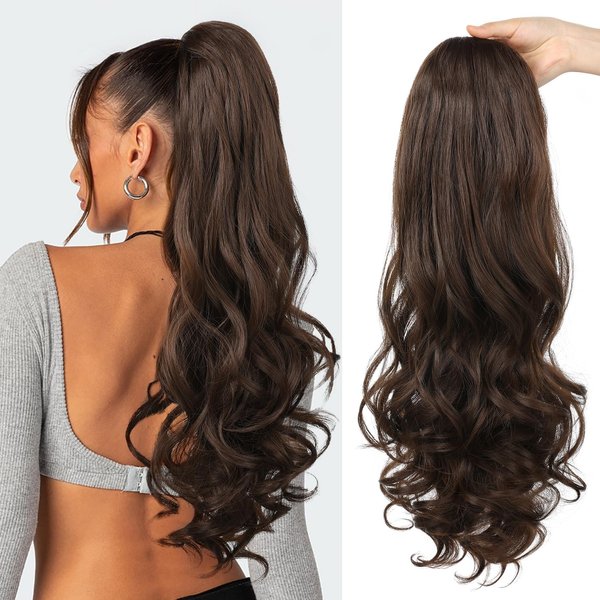 Behufun Ponytail Extension, Long Wavy Drawstring Ponytail 26" Clip in Hair Extensions Ponytail Fake Pony Tails Hair Extensions Natural Soft Heat Resistant Synthetic Hairpiece Dark Chocolate Brown