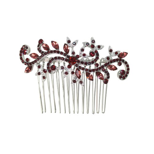 Faship Burgundy Crystal Floral Hair Comb