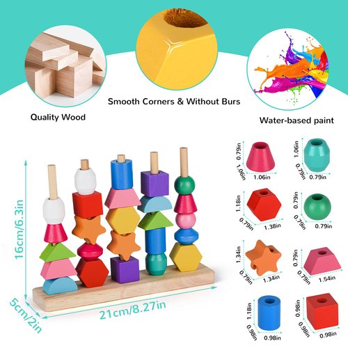 Montessori Bead Sequencing Toy Set, Wooden Stacking Blocks & Lacing Beads & Matching Shape Colors Stacker, Montessori Toys for 2 3 4 5 Year Old, Toddlers Preschool Learning Fine Motor Skills Toys