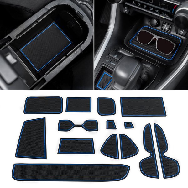 TOPINSTALL Accessorize Interior Liners Compatible with 2019-2024 Toyota RAV4 and 2021-2024 RAV4 Prime, Anti Dust Cup Holder Insert, Premium Center Console Rubber Mat, Door Pocket Pad- 16PCS Blue Trim