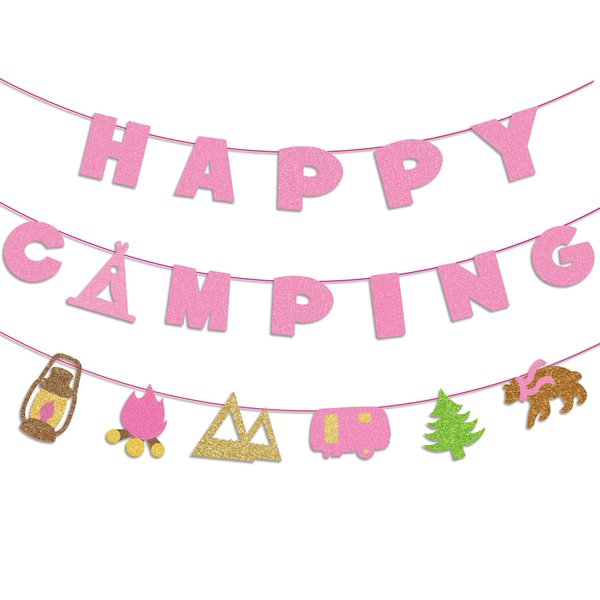 Pink Camping Happy Birthday Banner Pink Camping Party Supplies Pink Camping Party Banner Pink Camping Banner for Baby Shower Kids Pink Camping Fiesta Theme Decorations Pink Camping Birthday Party Supplies