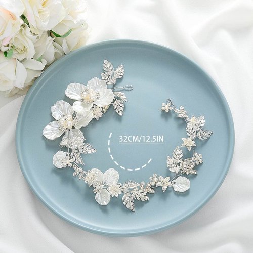 Catery Flower Bride Wedding Headband Silver Hair Vine Crystal Leaf Bridal Headpiece Floral Hair Piece Bridesmaid Wedding Hair Accessories for Women and Girls