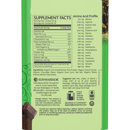 Brown Rice Protein Powder with Bcaa & Amino Acids Raw Rice Protein Shake Gluten Free Low Carb Dairy Free | Plant Based Classic Sprouted Brown Rice Protein Powder Chocolate 750g by Sunwarrior