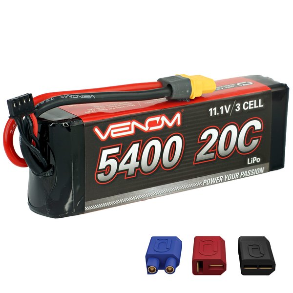 Venom Drive Series 20C 3S - 5400mAh 11.1V LiPo RC Battery - Universal 2.0 Plug, Lithium Polymer 3 Cell - Soft Silicone Connector & Compatible w/Traxxas, Deans, EC3, 2WD, 4WD, Truck & Buggies
