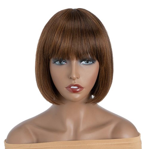 Short Bob Wig Human Hair with Bangs 8 Inch Brazilian Virgin Straight Hair Machine Made None Lace Front Wigs for Black Women Wear and Go Ombre Highlight Brown Color