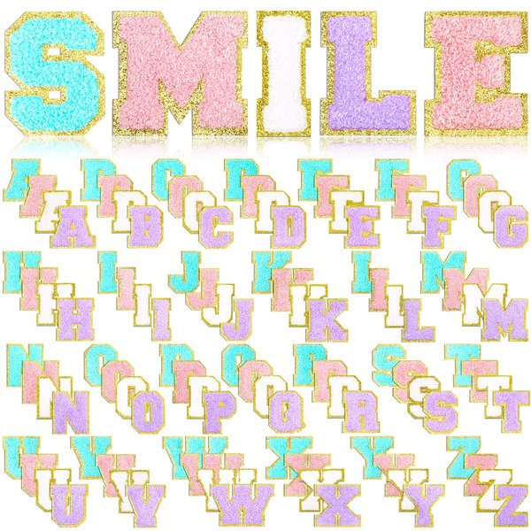 104 Pcs Chenille Letter Patches Iron on Letters Varsity Letter Patches Self Adhesive Chenille Patches Chenille Embroidered Patch for Clothing(Black, White, Purple, Pink, Classic)
